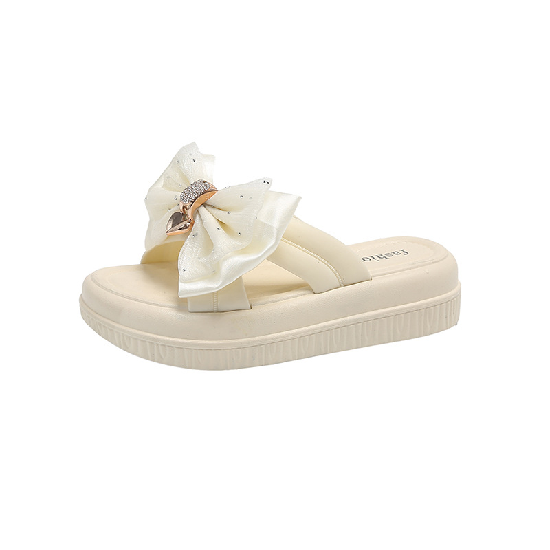 Ladies 2025 summer muffin bottom high appearance level all match slippers outside to wear a thick bottom bow one line female slippers