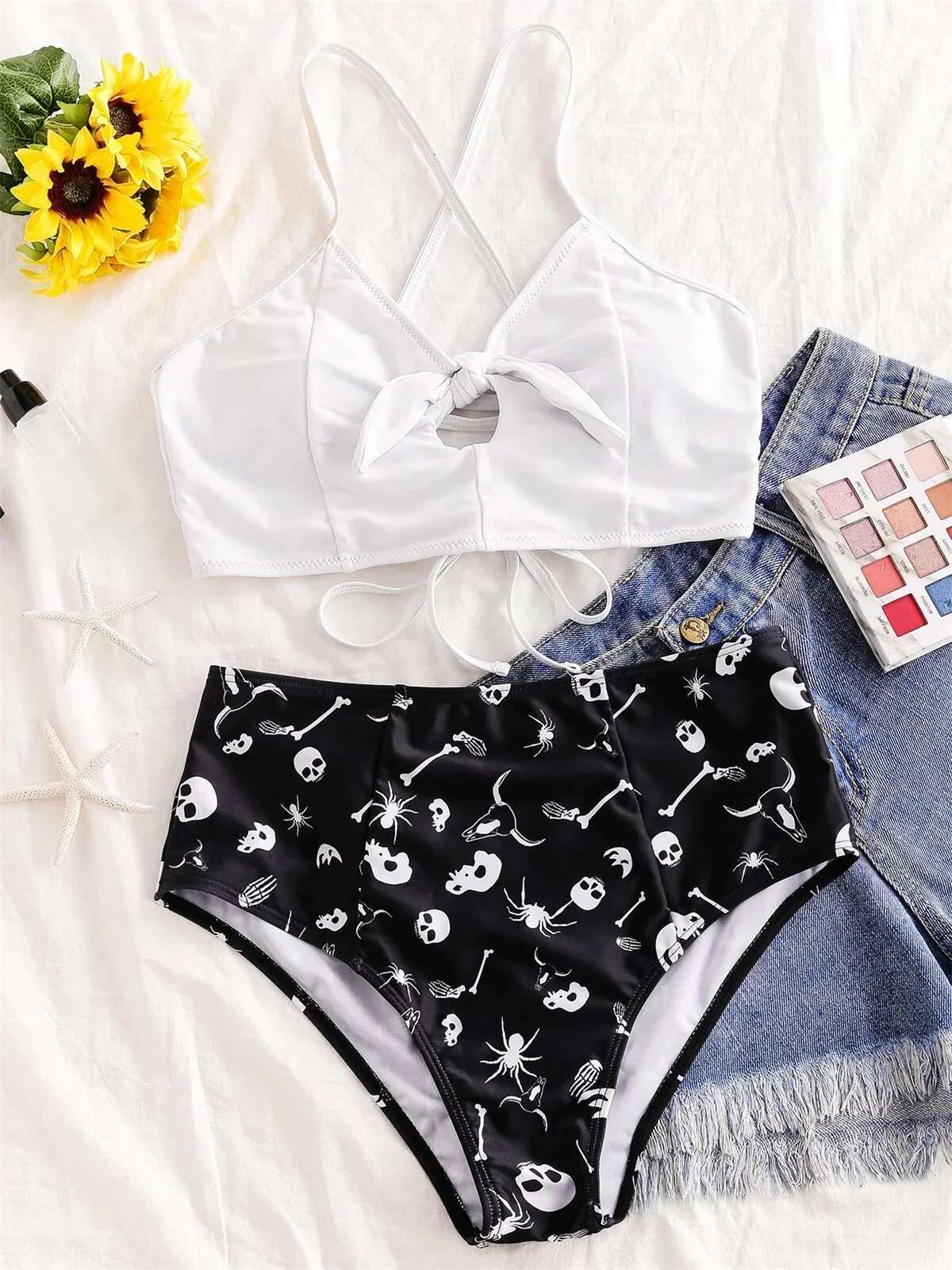 Dongdumaoyi Sexy Front Bow Bikini Set Mujer Women Cut Out Push Up Skull Print Piece Swimsuit Summer Bathing High Waist Biquini