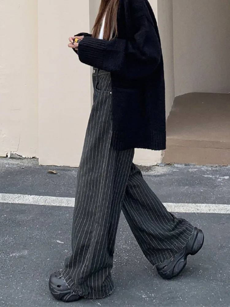 Ropa Y2K Fashion Retro Striped Wide Leg Luggage Jeans Womens Dress Straight Wash Black Casual Women Trouser 250407
