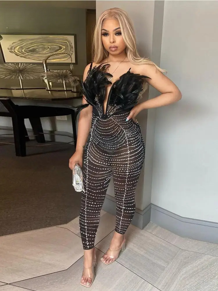 Feather V-Neck Strapless Jumpsuit Women Sexy Dias Mesh See Through Bodycon One Piece Rompers Midnight Clubwear