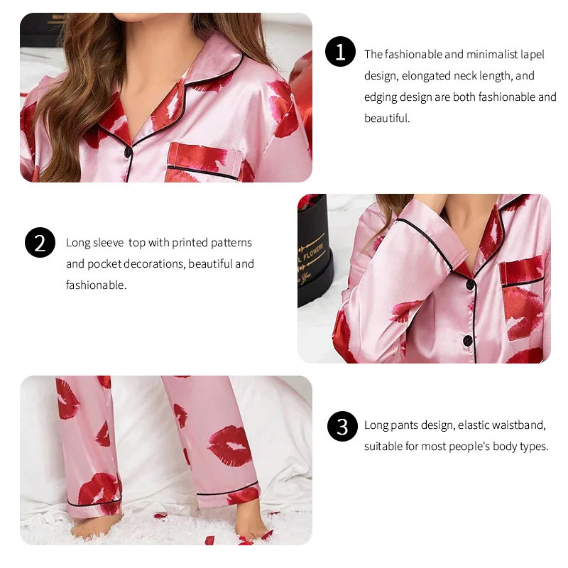 Red Lip Print Satin Pajama Set Autumn Casual Long Sleeve Button Up Lapel Collar Top Pants Sleepwear Loungewear Pyjama Femme 250408