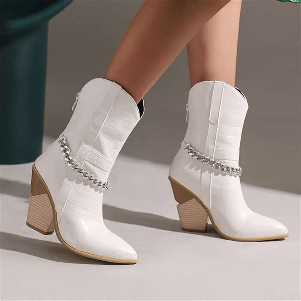 New Ankle Boots Cowboy For Women Wedge High Heel Chunky Snake Print Chain Zip Western Cowgirl Boots Pink