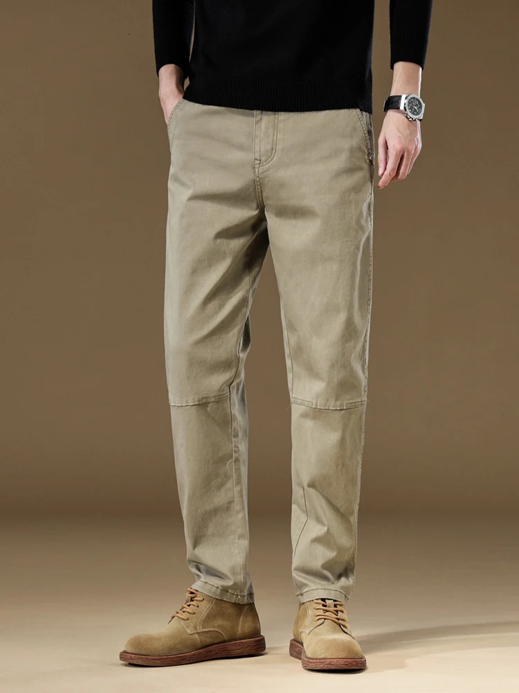 97% pure cotton mens cargo pants retro splicing work straight runner Trousers Fall loose casual brand khaki gray 250403