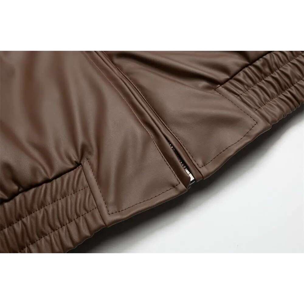 Letter Embroidery Quilted Leather Mens Winter Thick Retro High Street Lapel Long Sleeve Padded Jacket Men