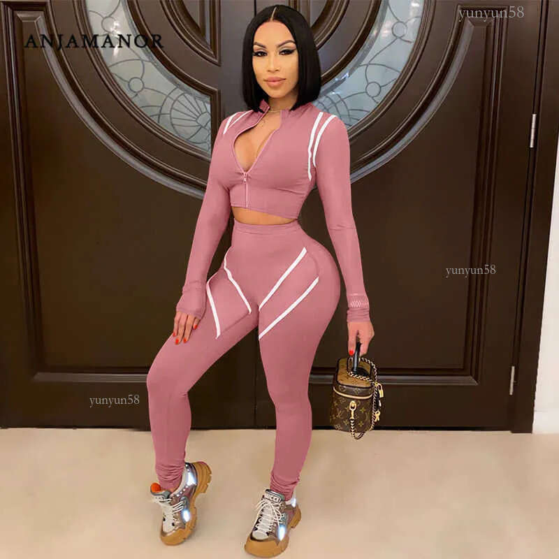 ANJAMANOR Sexy Long Sleeve Two Piece Tracksuit Set Sports Wear 2 Piece Joggers Set Women Sweat Suits Matching Sets D37-DF33 Y0625
