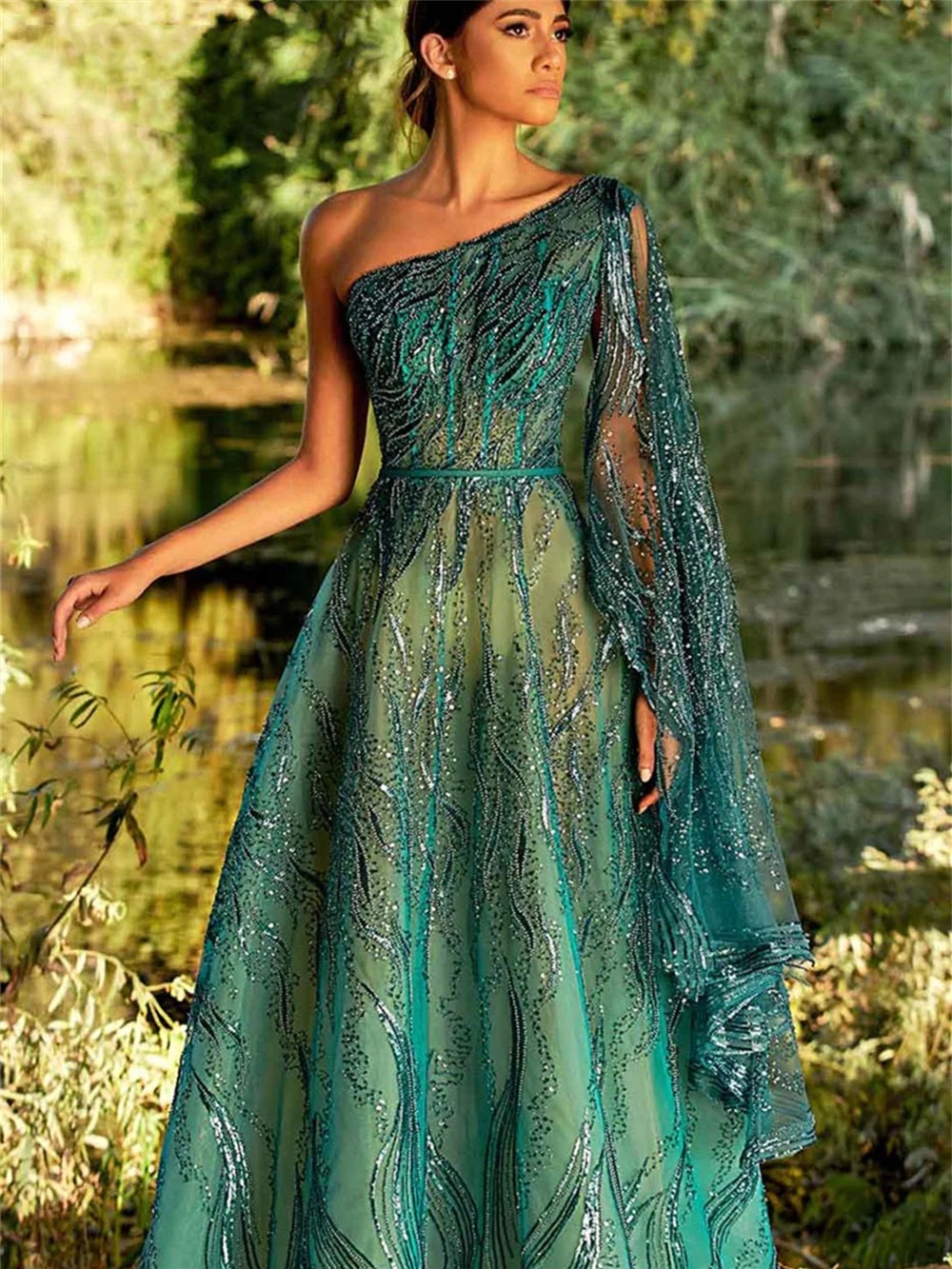 Designer A Line Evening Dress Beading Sequins One Shoulder Long Sleeve Prom Gowns Stylish Floor Length Party Dresses Customized
