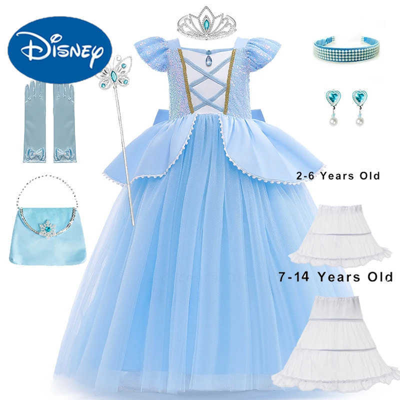 Disney 2-10Y Cinderella Dress Princess Role Playing Costume Girl Fancy Dress 2025 Childrens Christma Birthday Party Set with Gloves X250408