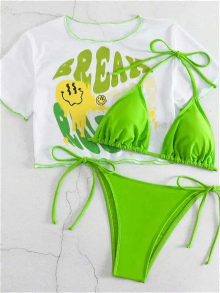 Dongdumaoyi Cute Cartoon Smile Face Print Pieces Bikini Set Short Sleeve Mesh Cover Up Swimsuit Women Bandage Bathing Suit Swimwear