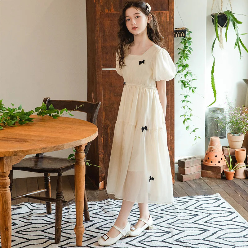 summer Lace Princess Kids square collar Girls Clothes mesh V NECK tall Layered Dress bowknot cotton 8 9 10 11 12 year 250408