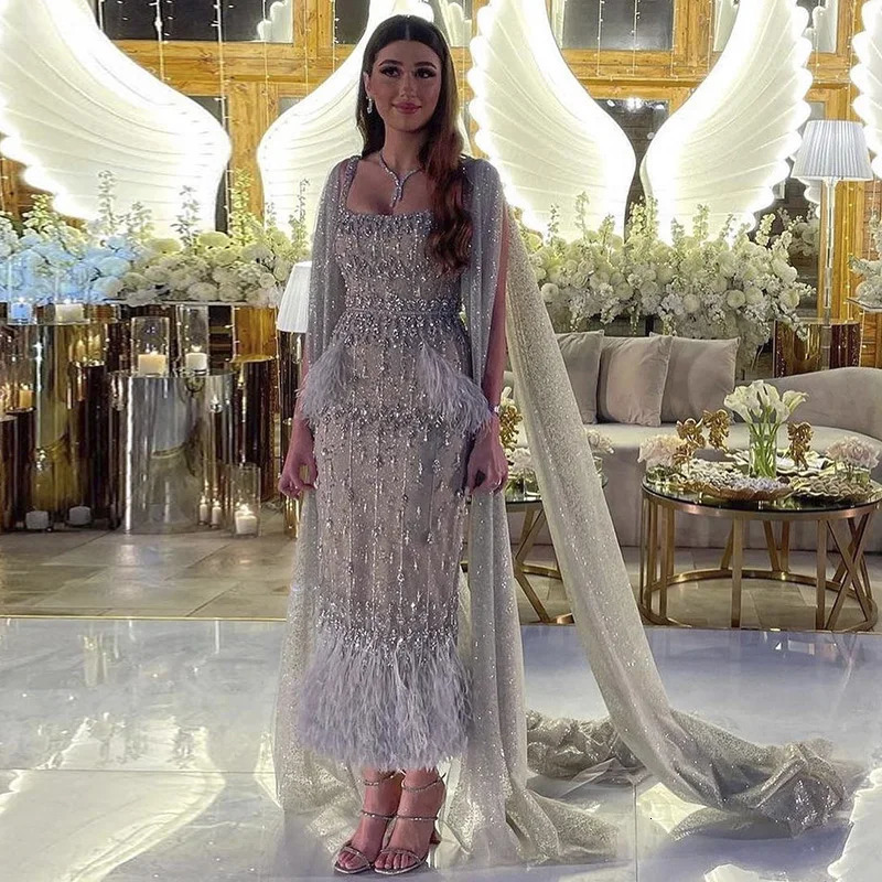 Sharon said sparkling grey mermaid evening gown with Cape feathers Dubai formal dress customized SS279 for womens wedding parties 250402