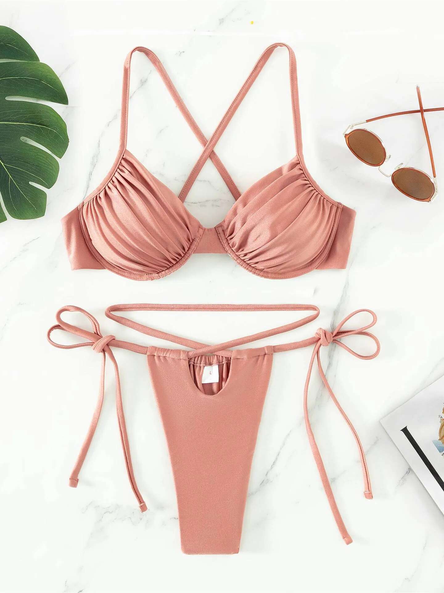 Dongdumaoyi Sexy Underwire Bikini Women Black Pink Pleate Push Up Micro Swimsuit High Cut Bathing Suit Bandage Thong Swimwear Biquini