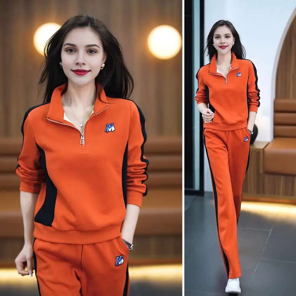Women Sports Suit Stylish Women's Sportswear Set Color Matching Zippered Stand Collar Sweatshirt Wide Leg Trousers for Fall