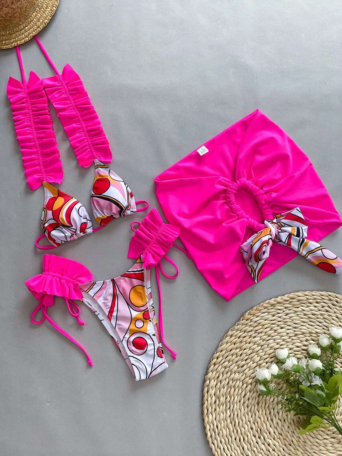Dongdumaoyi Sexy Ruffle Pleate Strap Bikini Women Purple Floral Print Skirt Sarong Piece Swimsuit Bathing Suit Coverup Thong Swimwear