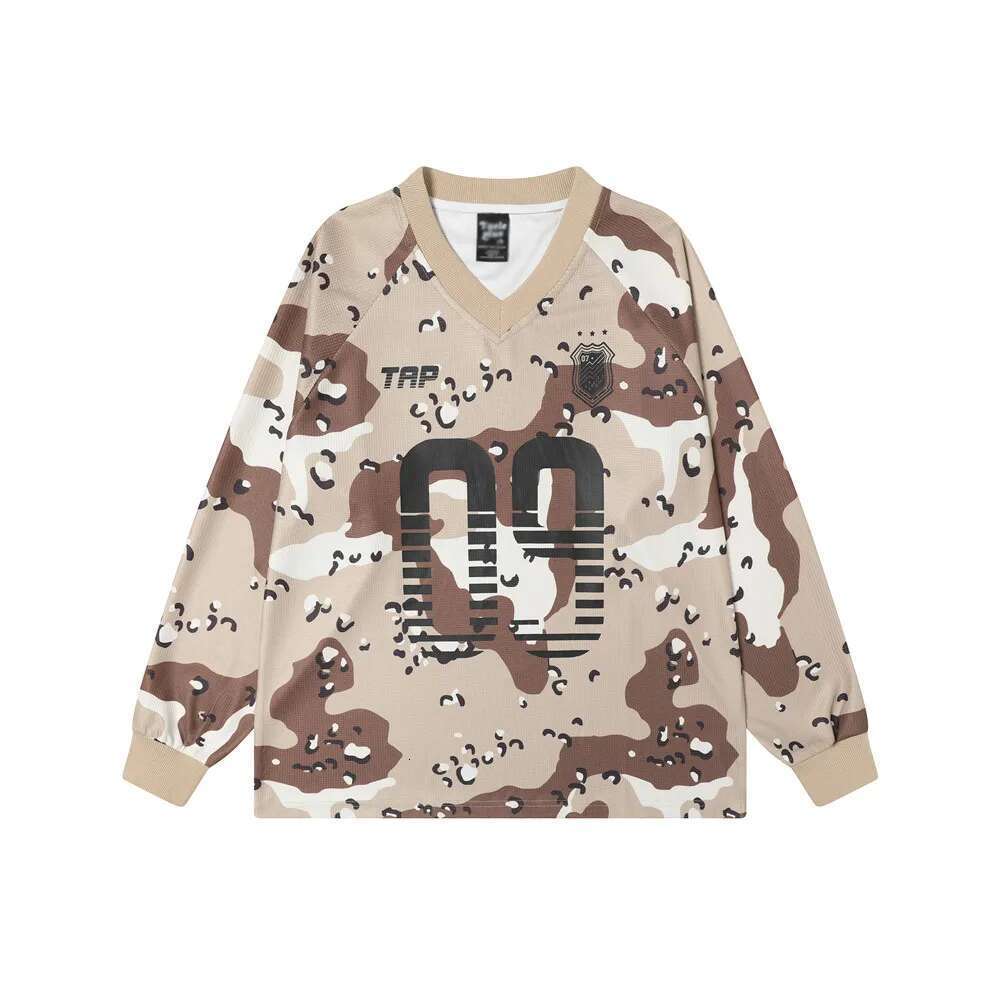 Camouflage Waffle Texture Long T-Shirt Mens Letter Print Spring High Street V-Neck Loose Raglan Sleeve Jersey Men