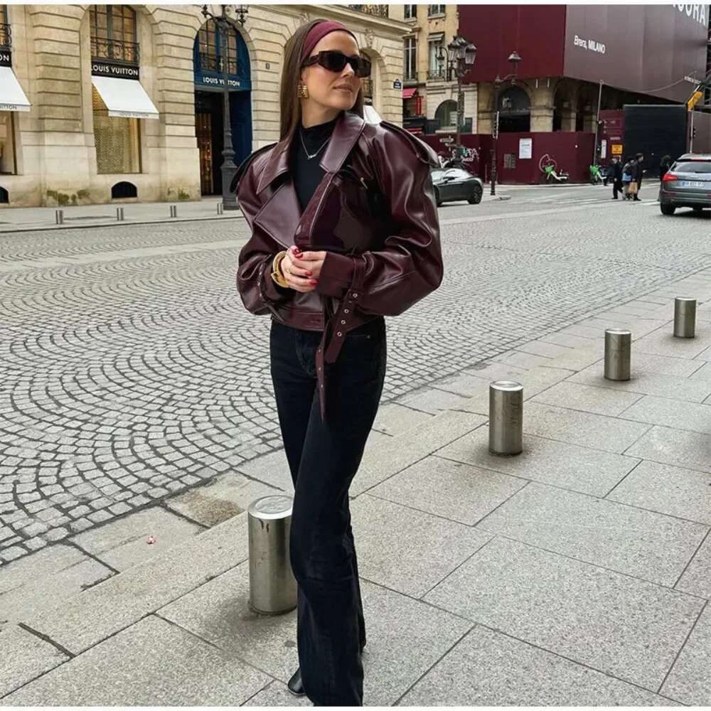 Wine Red Retro PU Autumn And Winter Women's Street Temperament Lapel Tie Warm Slim Fit Office Casual Short Jacket