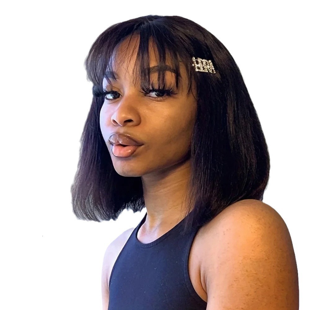 Short Bob Wig With Bangs Brazilian Remy Human Hair Wigs 1X3