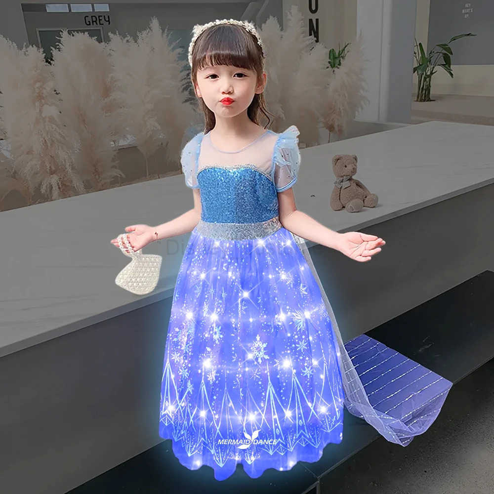 Disney 2025 LED Light Elza Spirit Princess Costume Girl Role Play Snow Queen Dress Up Childrens Costume Halloween Elza Blue Dress X250408