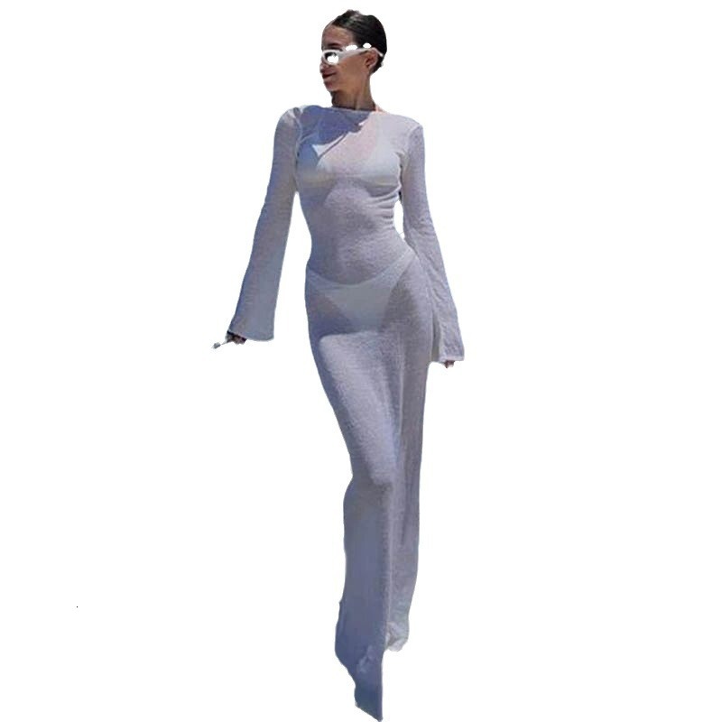 2023 Autumn New Beach Skirt Round Neck Beach Bikini Top Sunscreen Long Sleeve Bareback Dress