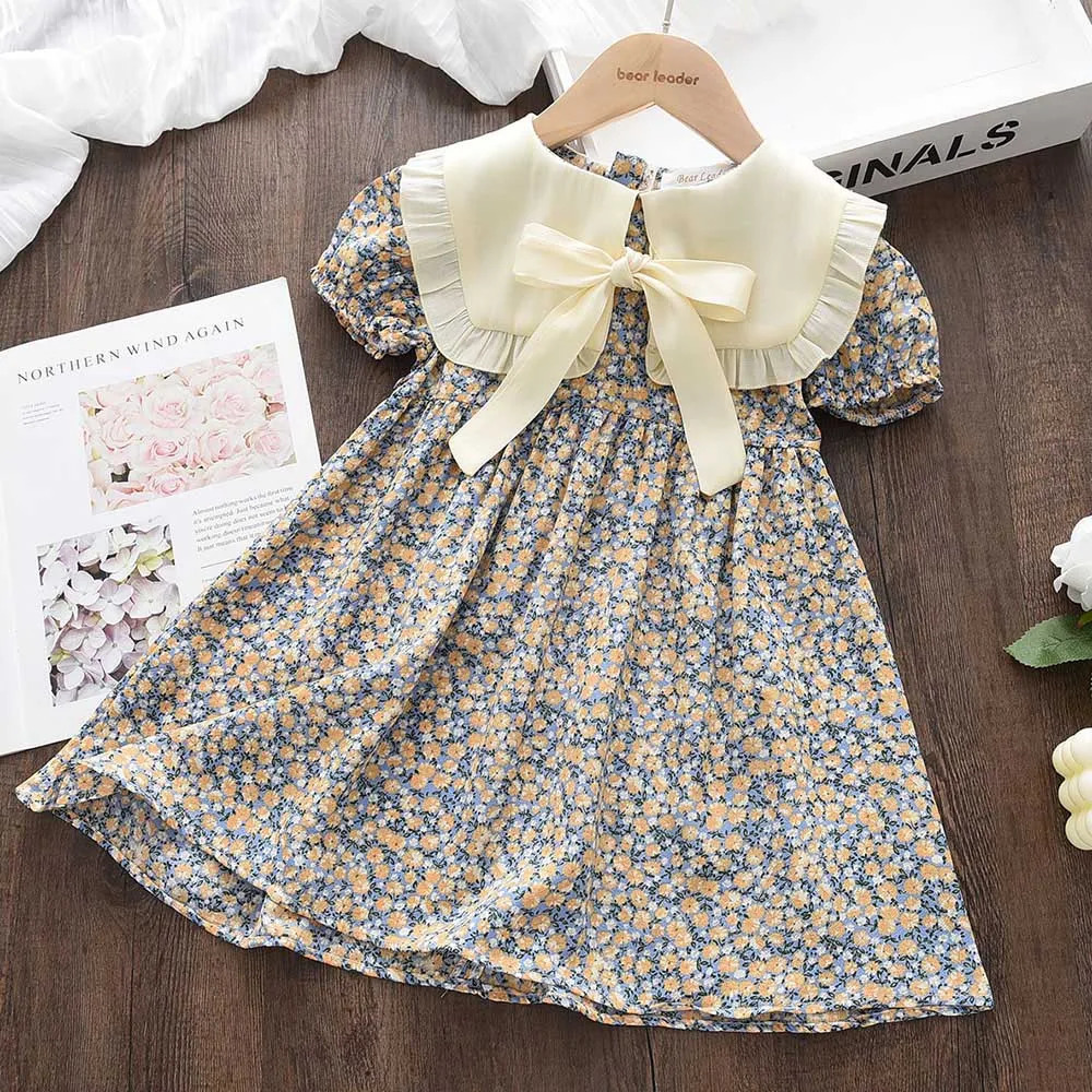 Casual Summer Kids Girls Dress Floral Kids Clothes Bow Patchwork Baby Girl Princess Dress Flower Girl Dresses 250407