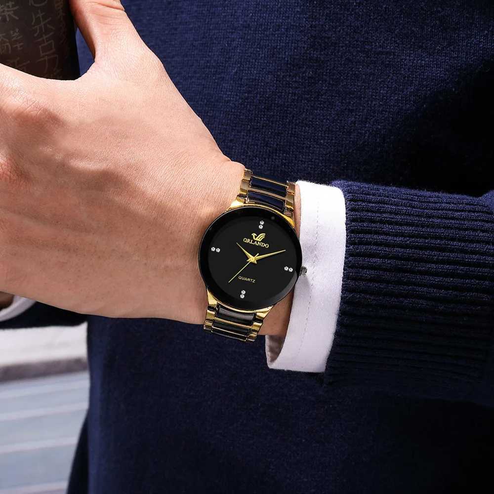 Orlando Mens Luxury Watch Arrives New Cool Black Gold Quartz Steel Watch Exquisite Masculino Religio Fashion Watch Y250407
