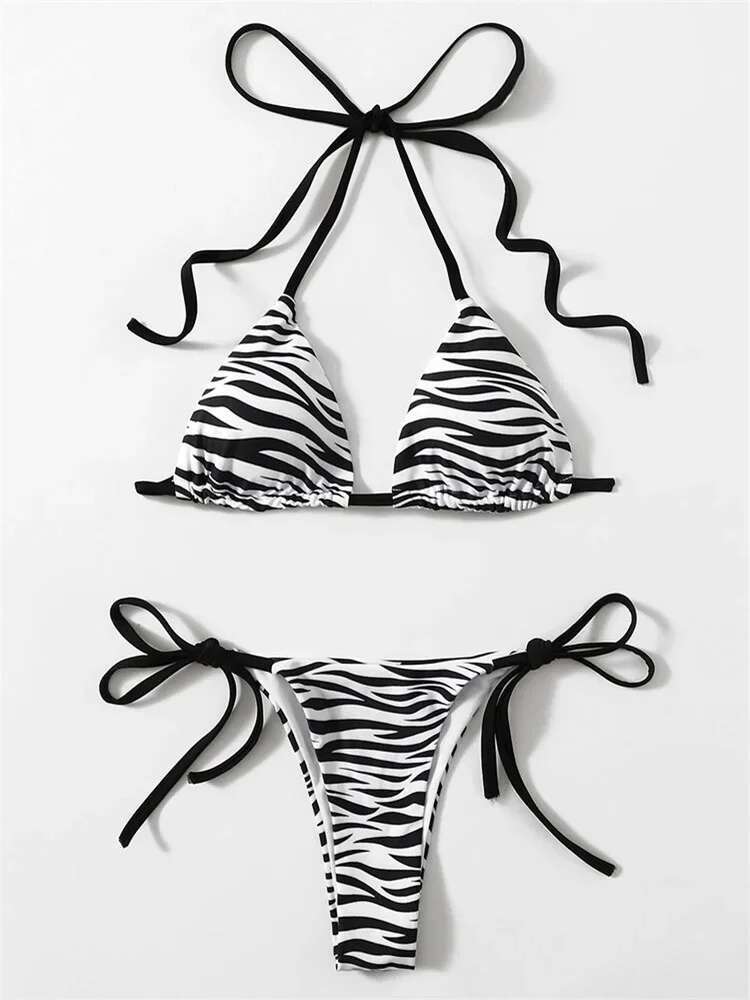 Dongdumaoyi Sexy Zebra Striped Bikini Women Halter Push Up Triangle Swimsuit Brazilian Summer Bathing Suit Micro Swimwear Swimming