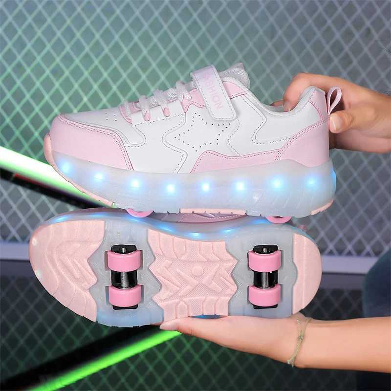 Childrens LED sports shoes USB charging luminous shoes Outdoor sports roller skateboarding Childrens four-wheel boys and girls casual shoes luminous W