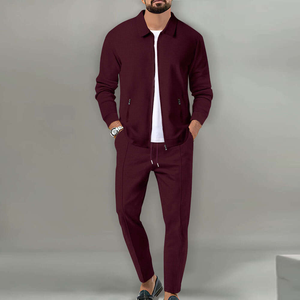 autumn youth waffle zipper pocket lapel slim fit cardigan men's jacket set 2025 new casual fashion trend clothing