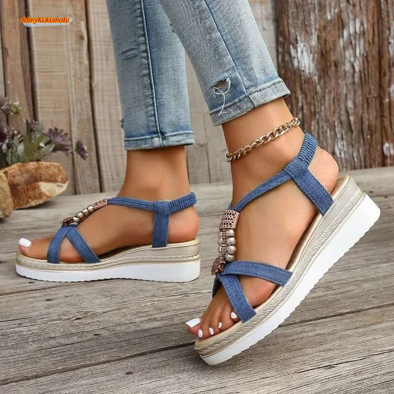 Shoes 2024 New Summer Women's Elastic Band Denim Blue Solid Metal Decoration Beads Platform Water Proof Sandals ddmykukumalu