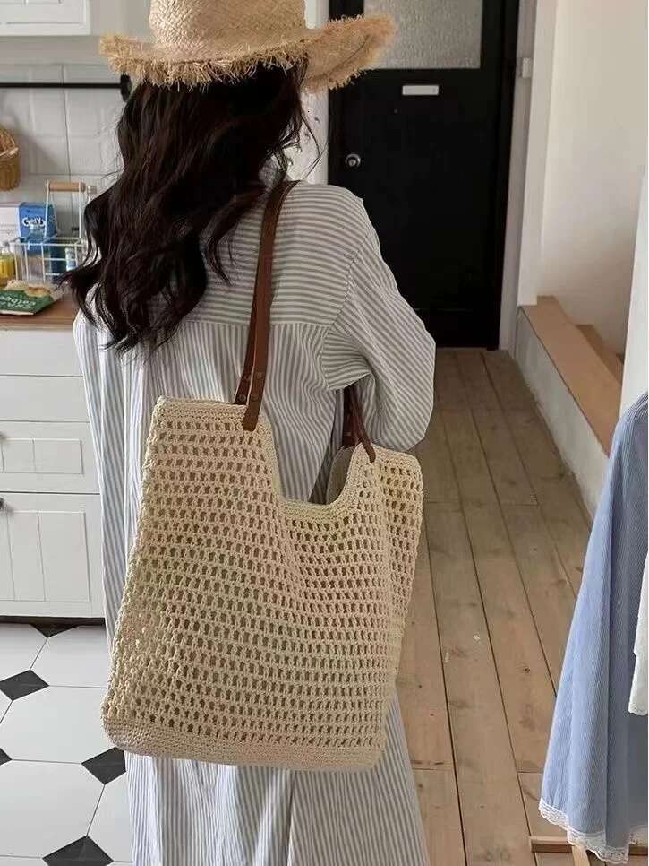 Leisure Hollow Mesh Large Capacity Hand-Held Tote Cotton Woven Shoulder Summer Bali Beach Vacation Women's Bag