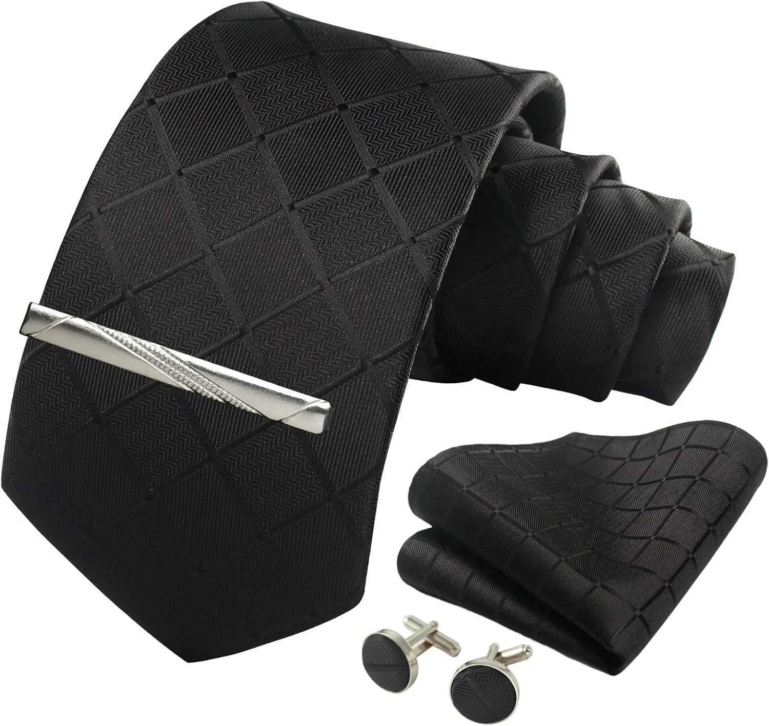 100% Silk Ties for Men Plaid Checks Tie Clip Handkerchief Woven Classic Mens Necktie Pocket Square Set Formal Wedding Ties X250407