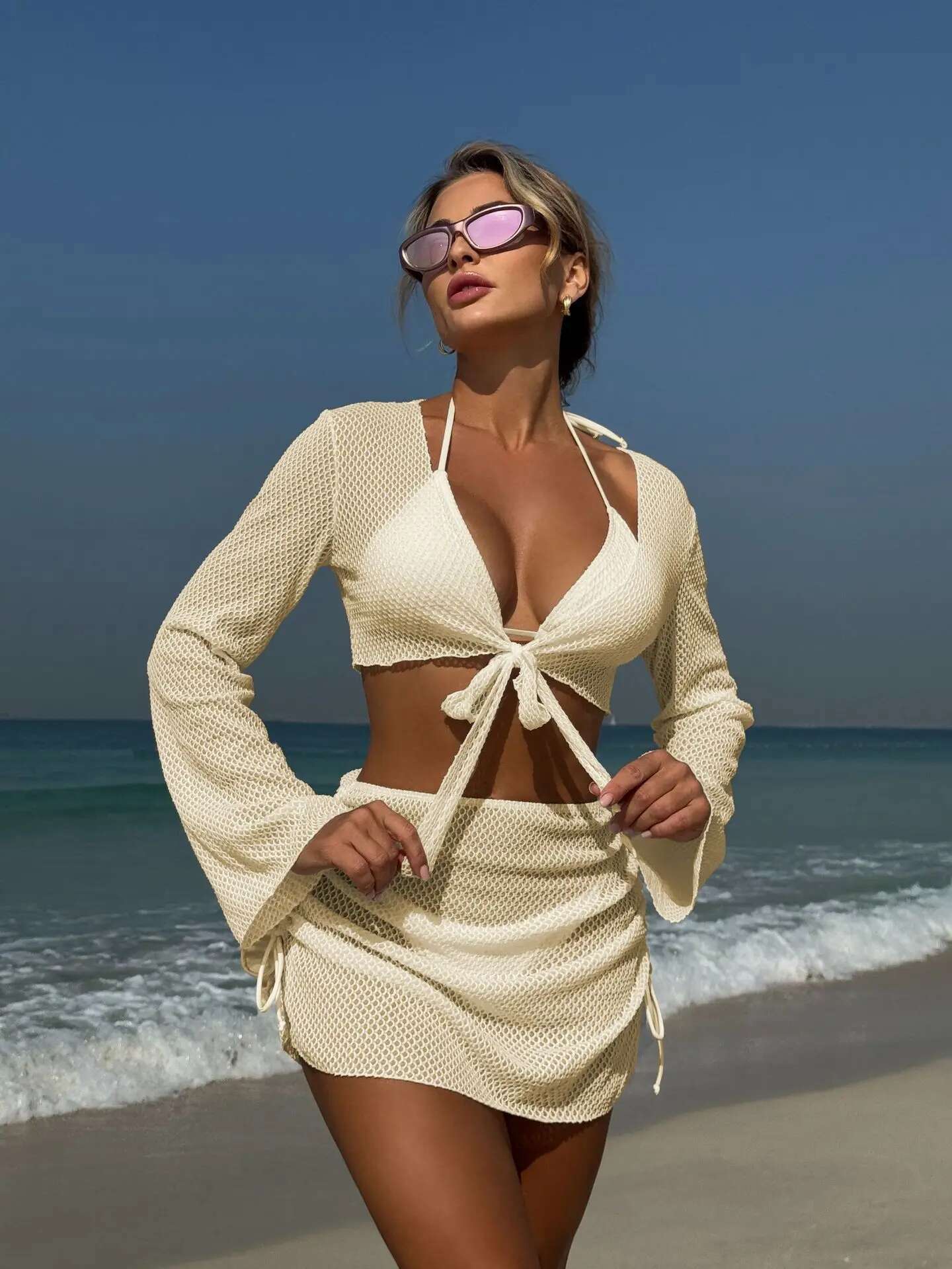 Dongdumaoyi Summer Holiday Piece Bikini Set Women Sexy White Long Sleeve Cover Up And Skirt Swimsuit Beach Bathing Suit Pool Swimwear