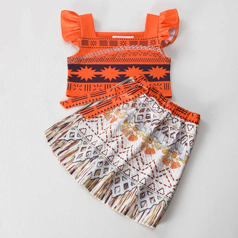 Disney 2PCS Full Printing Moana Dress for Kids Girl Casual Dresses 2-10Y Toddler Cosplay Clothing Set with Necklace Flying Sleeve X250408