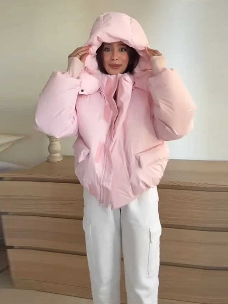 Chic Hooded Womens Padded Jacket Loose Solid Zipper Pocket Thick Warm Jacket Lady Autumn Winter Female Street Outerwear 251106