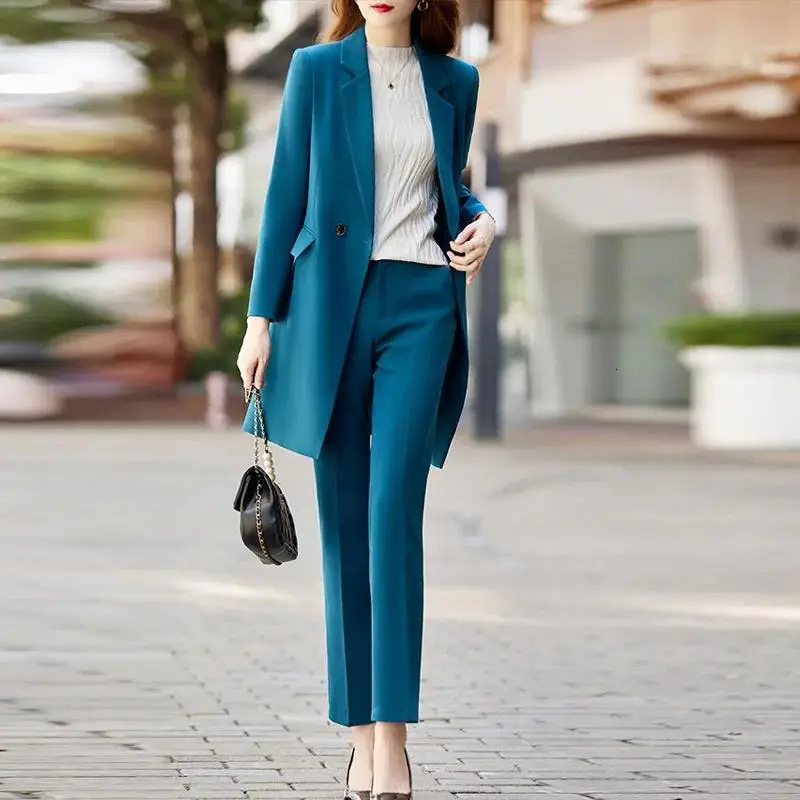 High End Office Professional Womens Blazer Pants 2-Piece Set Fall Fashion Long Female Jacket Over Business Suit Casual Trousers 250401