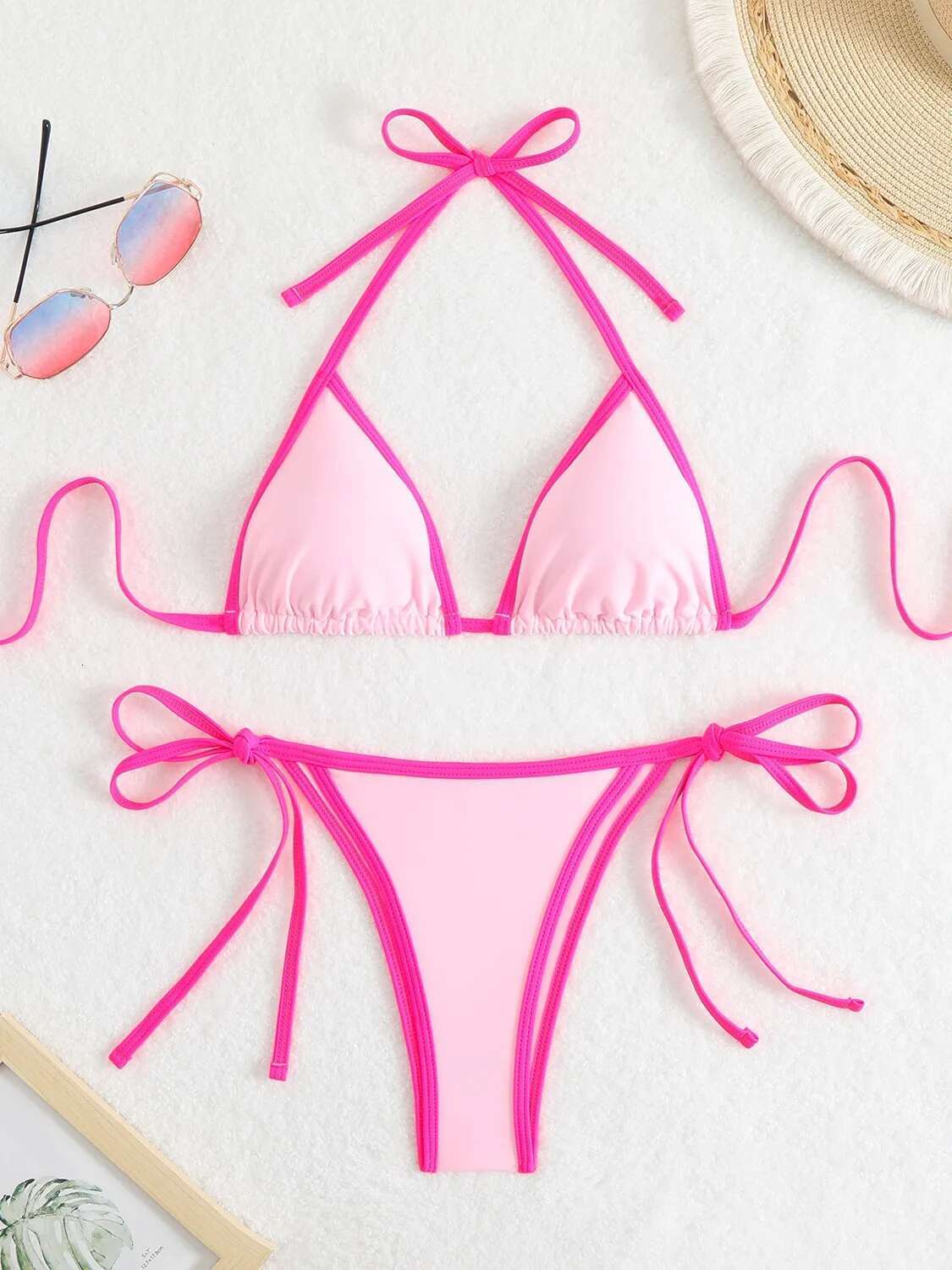 Dongdumaoyi Sexy Micro Bikini Women Pink Blue Contrast Push Up Tie Side Thong Swimsuit Brazilian Beach Bandage Bathing Suit Swimwear