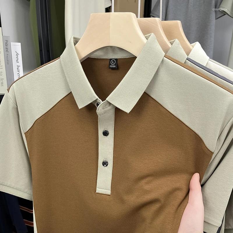 Men's Polos Fashion Color Blocked Short Sleeve Polo Shirt Summer High-end Silk Cotton Soft Breathable Item Casual Lapel T-shirt