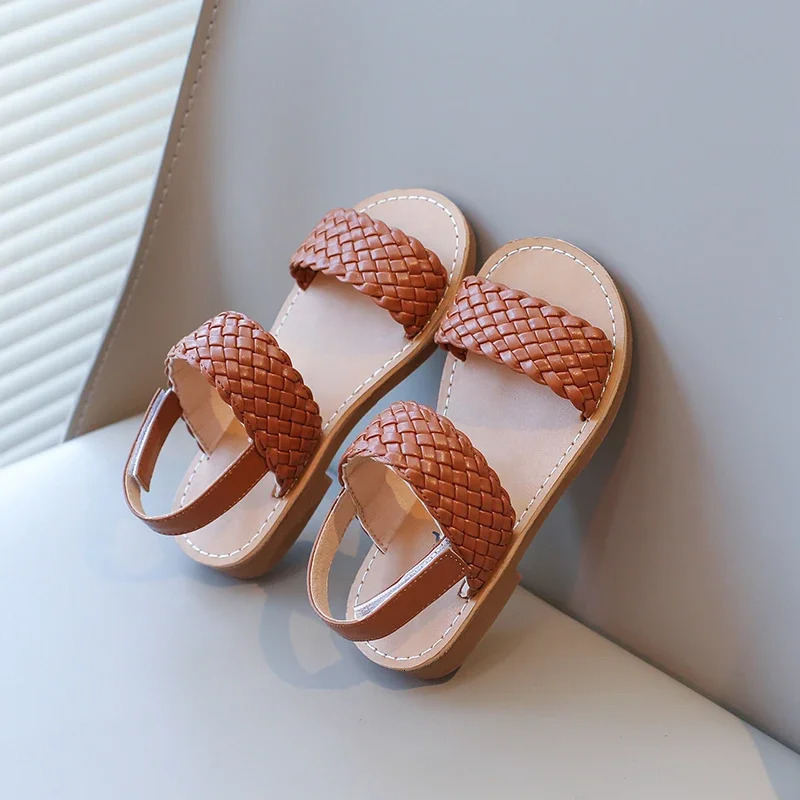 Kids Sandals for Girls Summer Girls Weave Sandals Children Beach Shoes Open Toes Flat Anti-skid Rubber Ankle Strap 250407