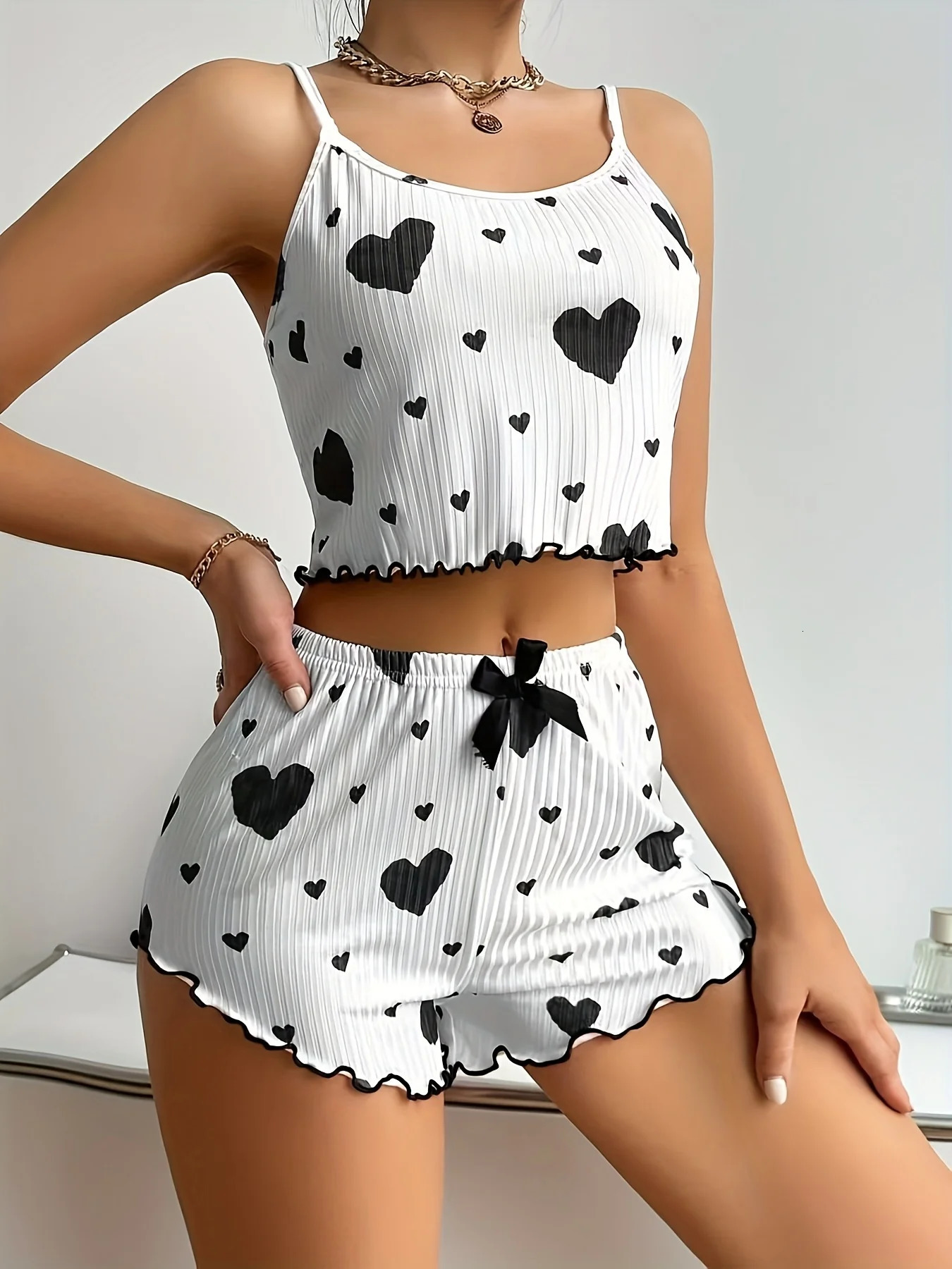 Sweet Heart Print Pajama Set for Women Cute Sleeveless Cami Top and Ruffle Shorts Soft Ribbed Knit Loungewear Adorable Pjs 250408