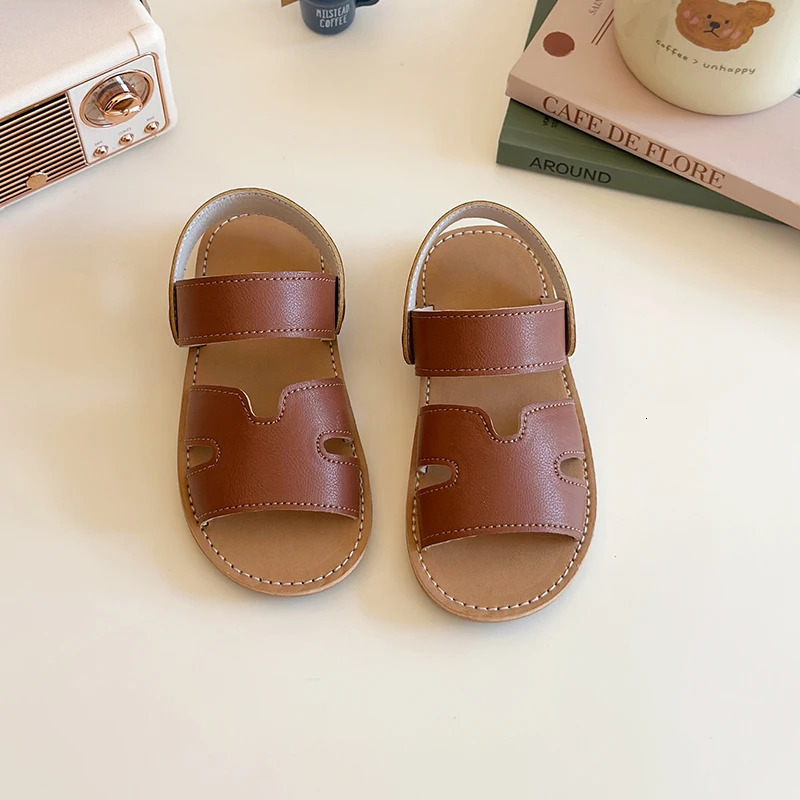 Summer Children Sandals Matte Pu Leather Leisure Pure Color Kids Sliders Flat Unisex Daily Toddler Boys Girls Slippers 21-30 250407