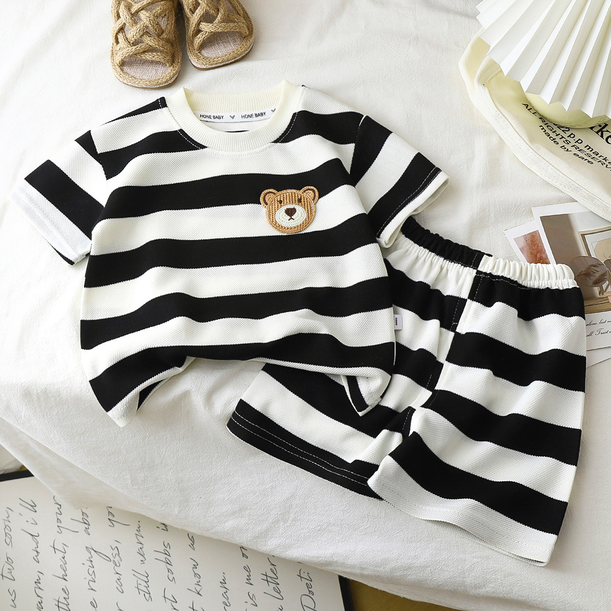 Ddmyshoesvip Children S Short Sleeved Set With Black And White Stripes Boys T Shirt Baby S Summer Children S Clothing Girls Shorts New Baby Clothes