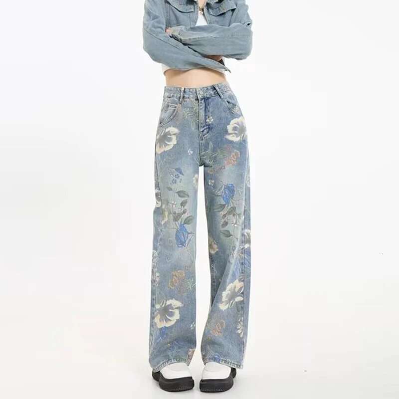 Print wers Design Wide Leg Jeans High Waist Korea Fahion Trousers Casual Baggy Straight Vaqueros Streetwear Women Denim Pants
