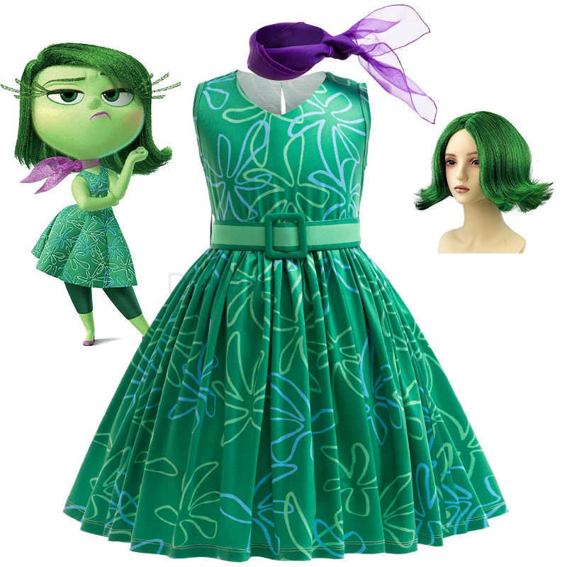 Disney Inside Out Joy Disgust Cosplay Costume Princess Dress+Wig For Kids Girls Halloween Carnival Birthday Happiness Dress Up X250408