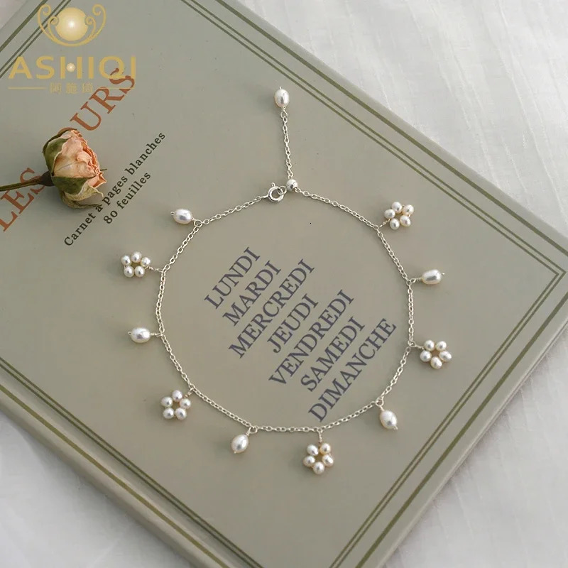 ASHIIQI Natural Freshwater Pearl Anklet Genuine 925 Sterling Silver Handmade Jewelry Wedding Jewelry Lady 250403