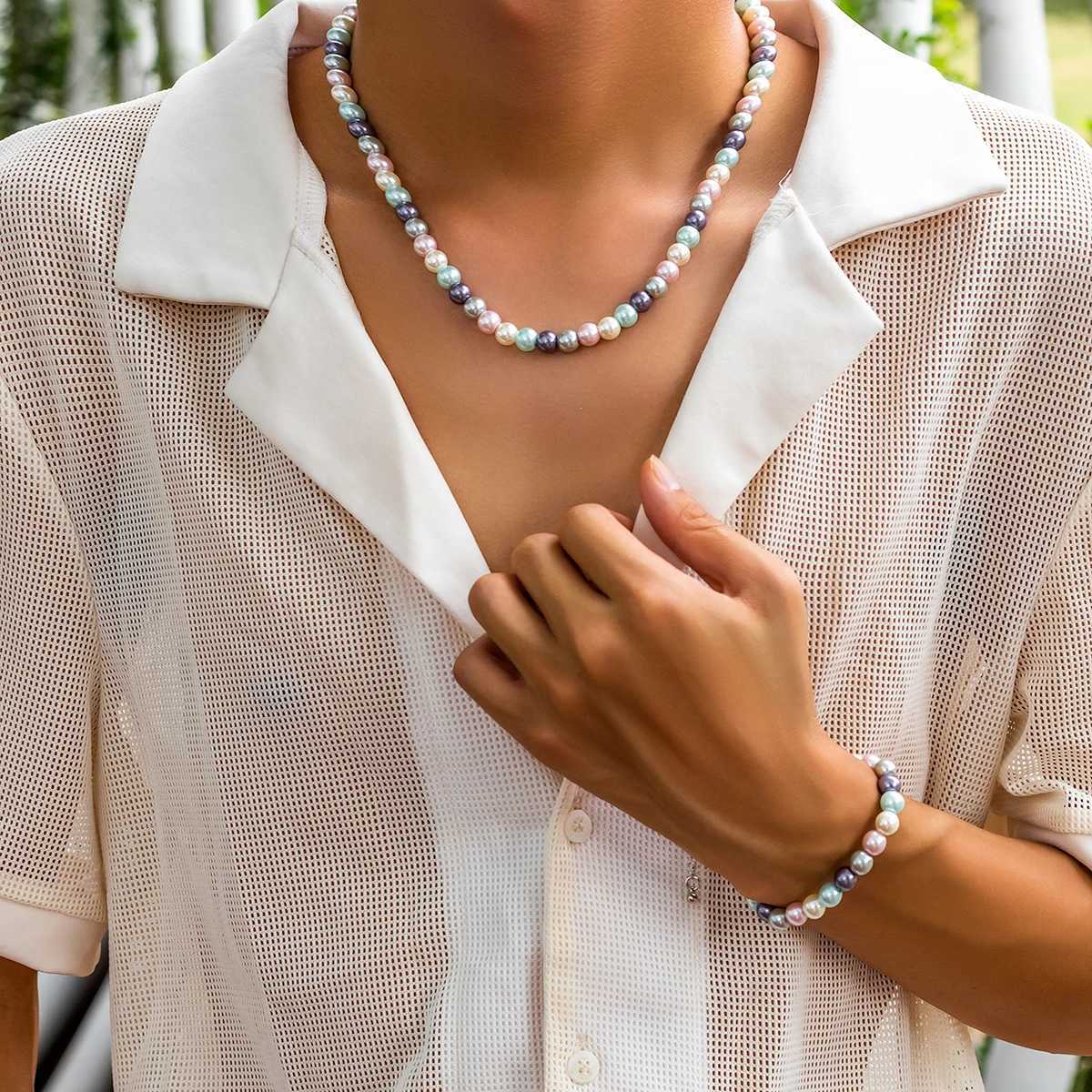 PuRui Trendy Glass Imitation Pearl Necklace Men Handmade Strand Mix Color Beads Choker Hip Hop Jewelry Collar Simple Street GiftC250407