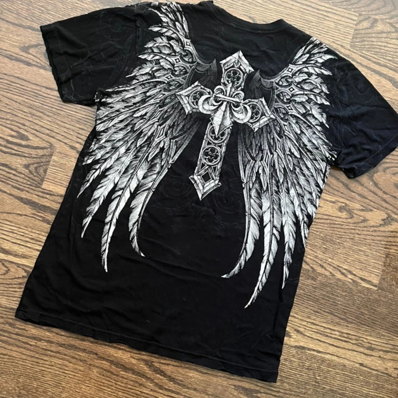 Influence short sleeved Y2K retro clothing punk hiphop graphic printing oversized Tshirt for women round neck pure cotton top 250408