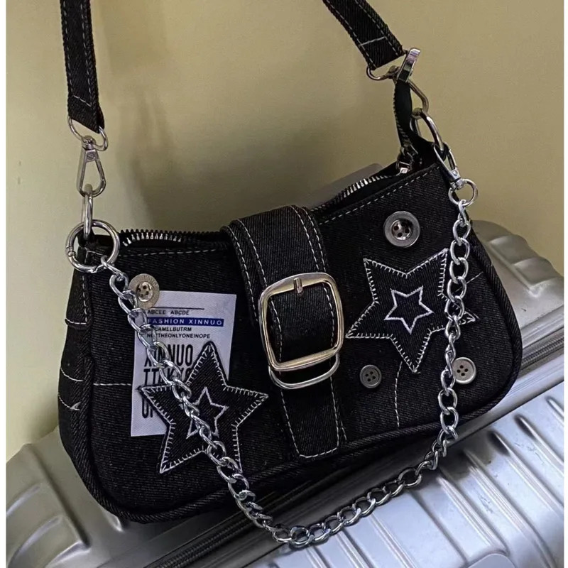 Y2k Fashion Womens Handbags Stars Pattern Cool Girls Underarm Bag Vintage Canvas Female Small Shoulder Bags Chain Tote Purses 250408