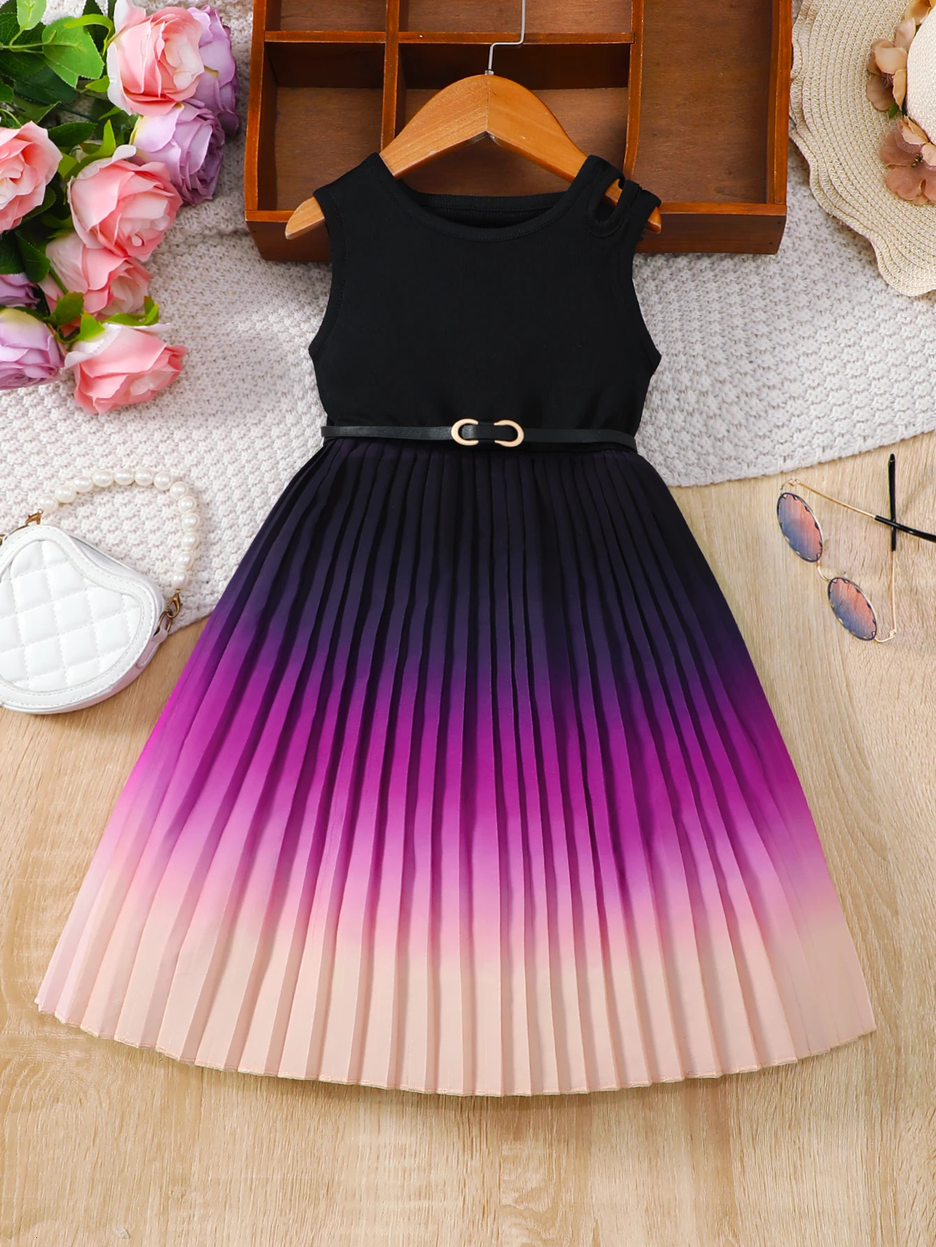 Girls Gradient Color Blocking Pleated Hem Summer Sleeveless Belt Dress 250407