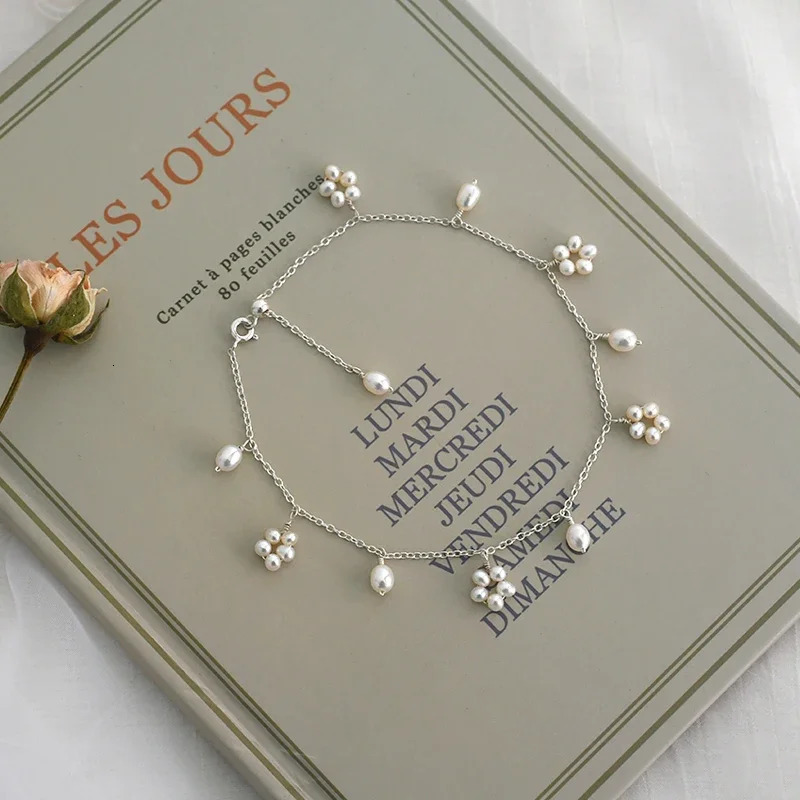 ASHIIQI Natural Freshwater Pearl Anklet Genuine 925 Sterling Silver Handmade Jewelry Wedding Jewelry Lady 250403