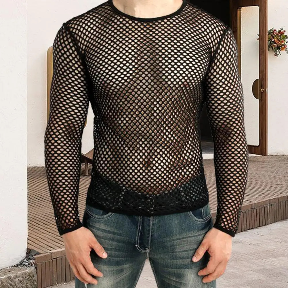 Men Club Top See-through Hollow Out Fishnet O Neck Short Sleeve Loose Thin Pullover Hip Hop Streetwear Men T-shirt 250407