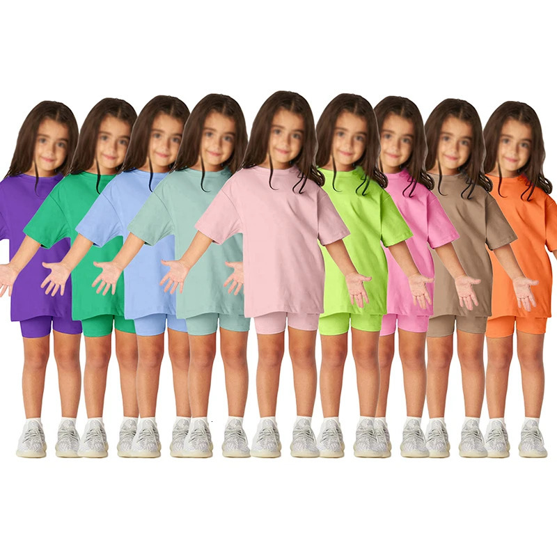 Collection Little Kids Baby Girls Clothes 2 Pieces Tracksuit Set Oversized Short Sleeve Cotton T-shirtShorts Sportwear Leggins 250407